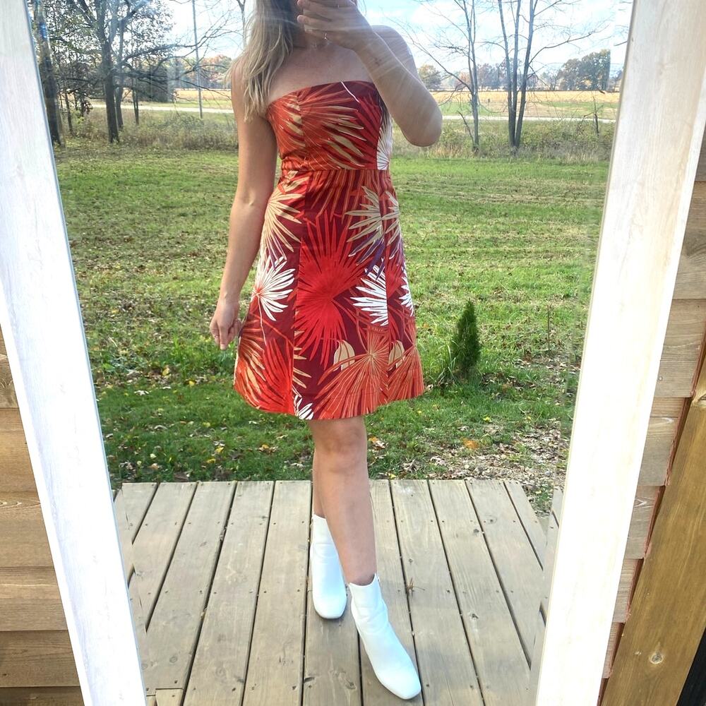Gap stretch red tropical strapless a line dress